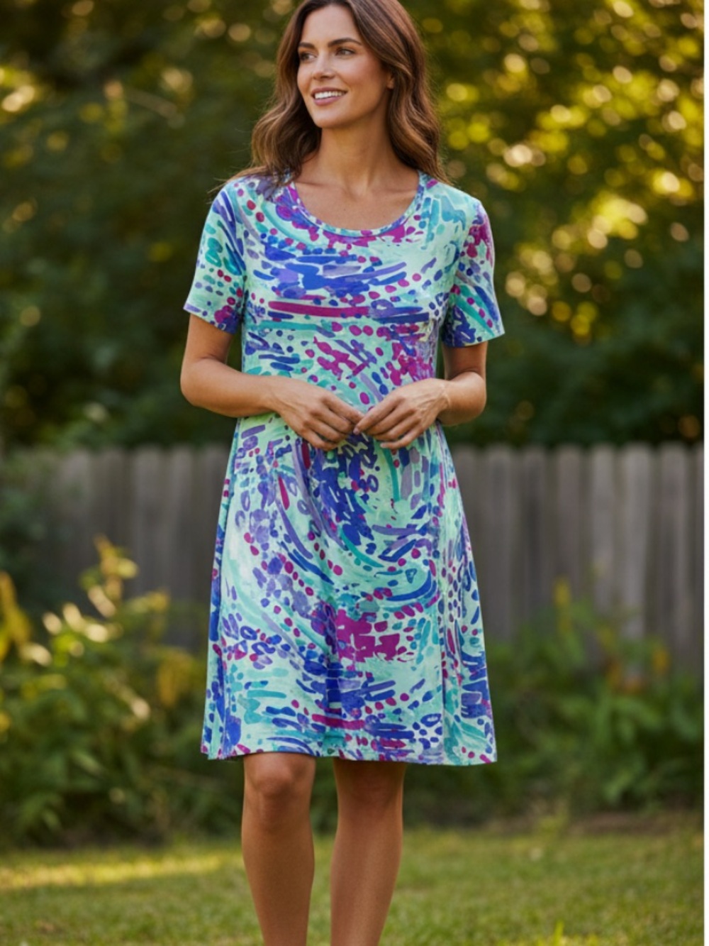 Aryeh Aqua Swirl Midi Dress with Purple & Blue Accents